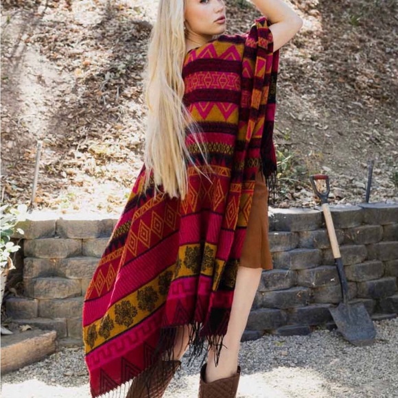 Southwestern Tassel Ruana, Wrap, Coat, Jacket, Kimono in Burgundy or Brown - Picture 5 of 5